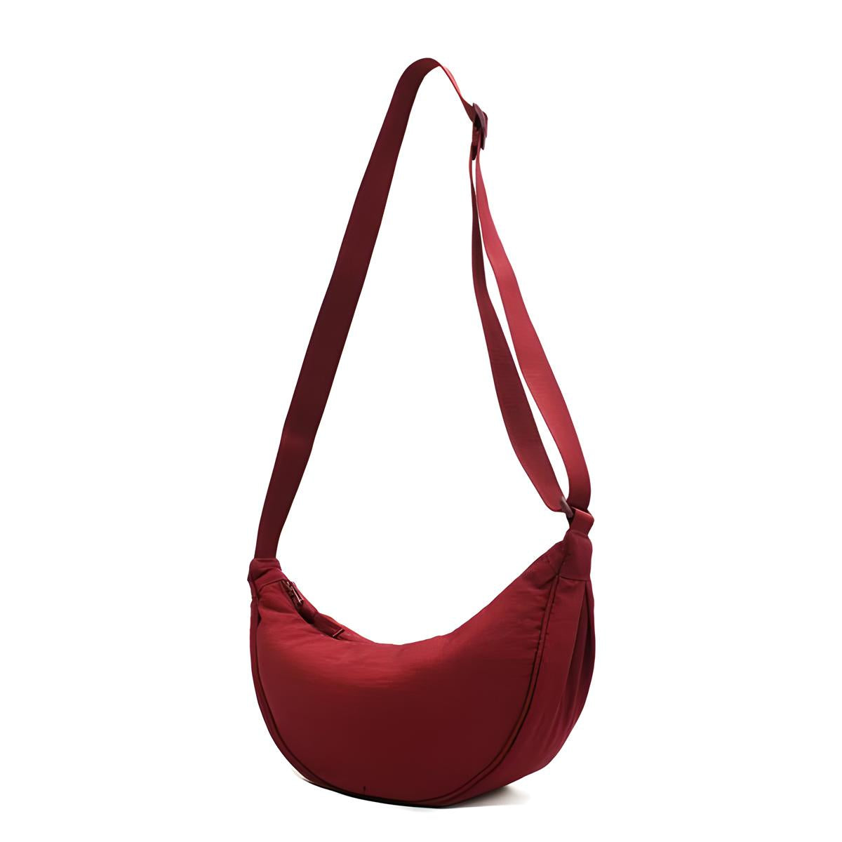 Borsa a tracolla rossa in tessuto, design a mezzaluna, con cinghia regolabile. Accessorio moda donna, elegante e pratico per uso quotidiano.