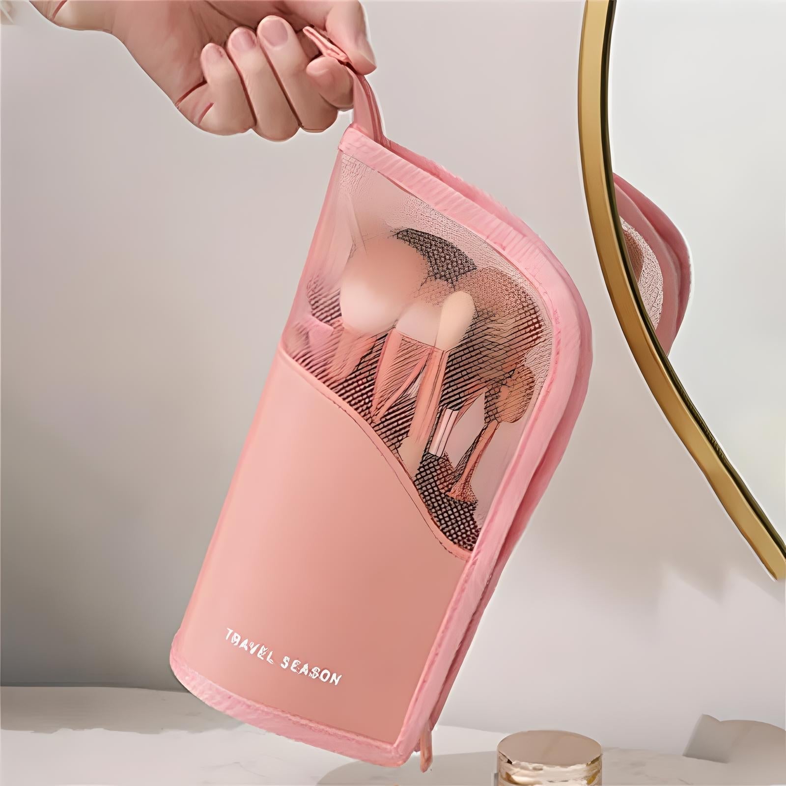 Custodia rosa per pennelli trucco con cerniera, design compatto e portatile, ideale per viaggi. Accessorio essenziale per organizzare cosmetici.