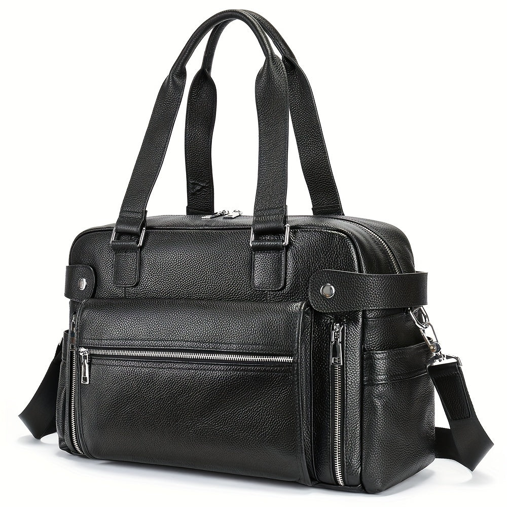 Borsa a tracolla in pelle nera da uomo, design elegante con tasche multiple e cerniere, ideale per lavoro e viaggio. Accessorio moda maschile.