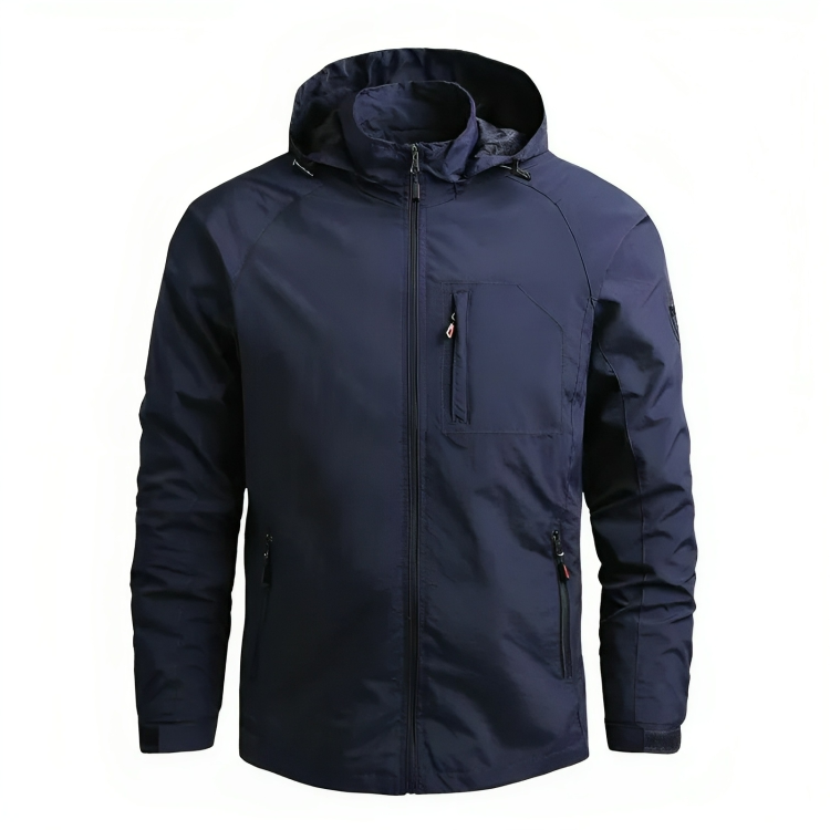 Giacca impermeabile blu scuro con cappuccio, tasche con zip, design moderno. Ideale per outdoor, trekking, sport. Materiale resistente e leggero.