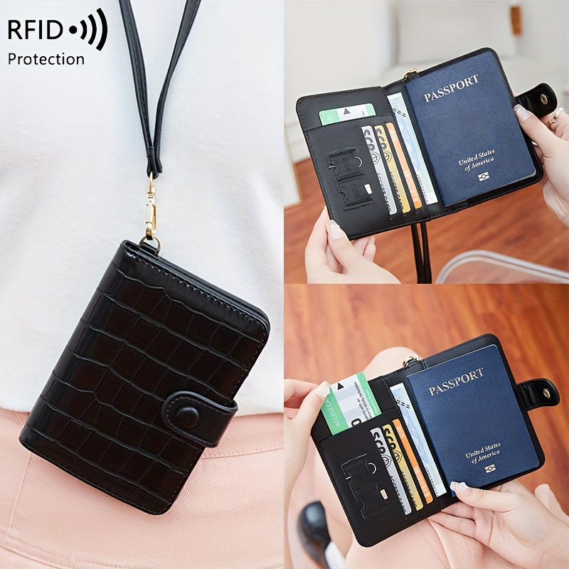 Portafoglio nero in pelle con protezione RFID, tasche per carte di credito e passaporto. Design elegante e funzionale per viaggi sicuri.