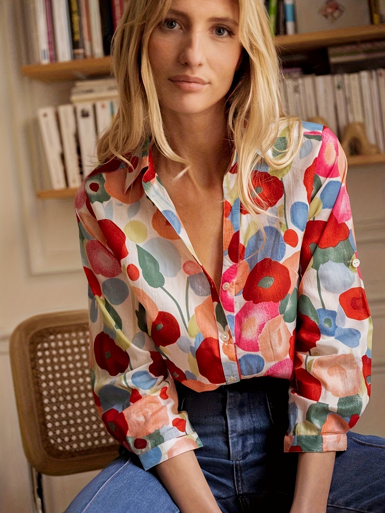 Donna bionda con camicia a fiori colorati, seduta su sedia di legno, sfondo con libreria. Moda femminile, abbigliamento casual, stile floreale.
