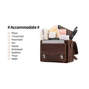 Borsa in pelle marrone con scomparti, contiene iPad 7,9 pollici, telefono, power bank, penna, occhiali, blocco A6, auricolari, fazzoletti, portafoglio.