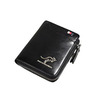 Portafoglio uomo in pelle nera con cerniera, logo canguro, design compatto, elegante e funzionale, ideale per carte e contanti.