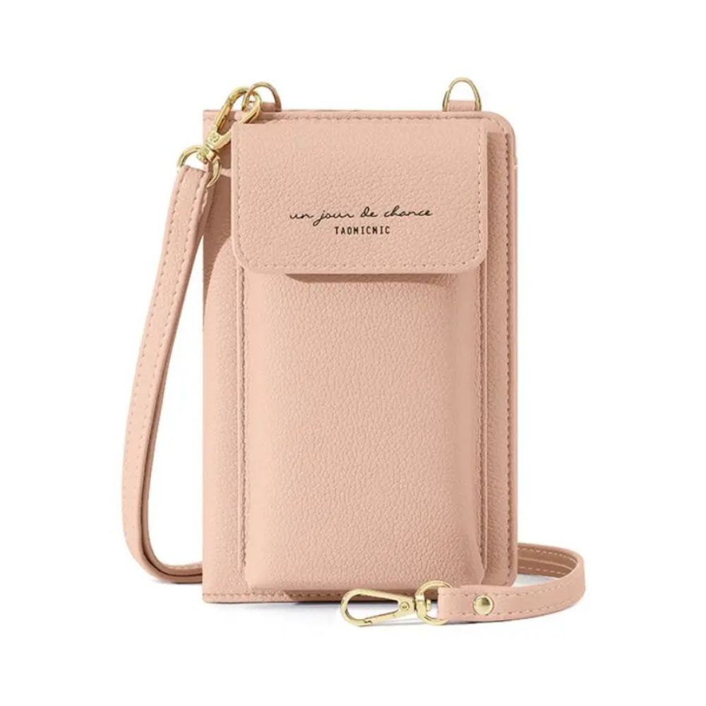 Borsa a tracolla in pelle rosa con chiusura a patta, dettagli dorati e scritta "un jour de chance". Accessorio moda elegante e pratico.