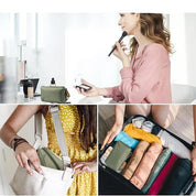 Donna che applica trucco con pennello, borsa cosmetica verde su tavolo, borsa a tracolla con tasca, organizzatore da viaggio con vestiti colorati.