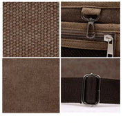 Dettagli borsa a tracolla in tela marrone, chiusura zip, gancio metallico, fibbia regolabile. Accessorio moda resistente e versatile.