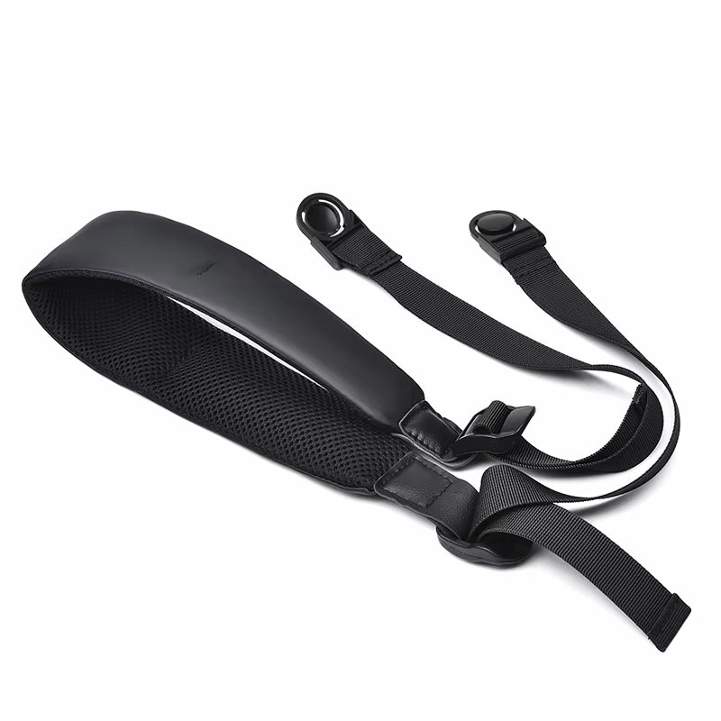 Cinghia tracolla regolabile nera per fotocamera, design ergonomico, imbottitura in rete traspirante, accessorio fotografico resistente e confortevole.