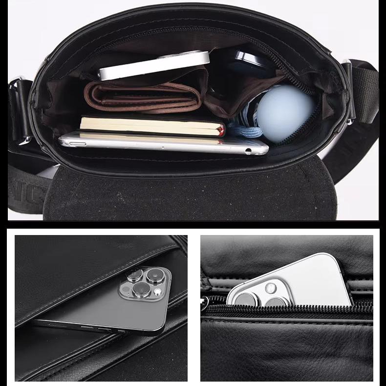 Borsa a tracolla in pelle nera con scomparti interni, contenente smartphone, notebook, portafoglio e accessori. Design elegante e funzionale.