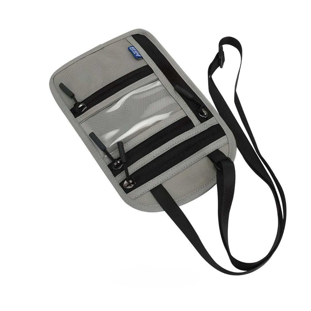 Borsa a tracolla grigia con tasche trasparenti e cerniere, ideale per viaggi e organizzazione. Accessorio pratico e versatile per uomo e donna.