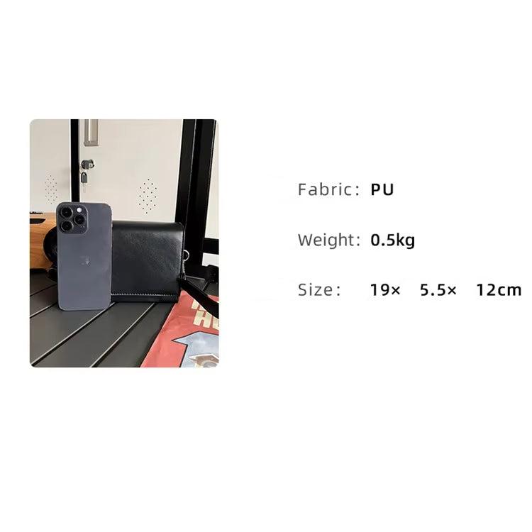 Custodia in pelle PU nera per smartphone, dimensioni 19x5,5x12 cm, peso 0,5 kg, accanto a un telefono moderno su superficie nera.