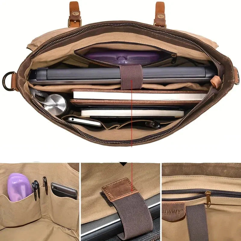 Borsa a tracolla in tela marrone con scomparti interni, laptop, libri, penne e accessori. Design pratico e spazioso per lavoro e viaggio.