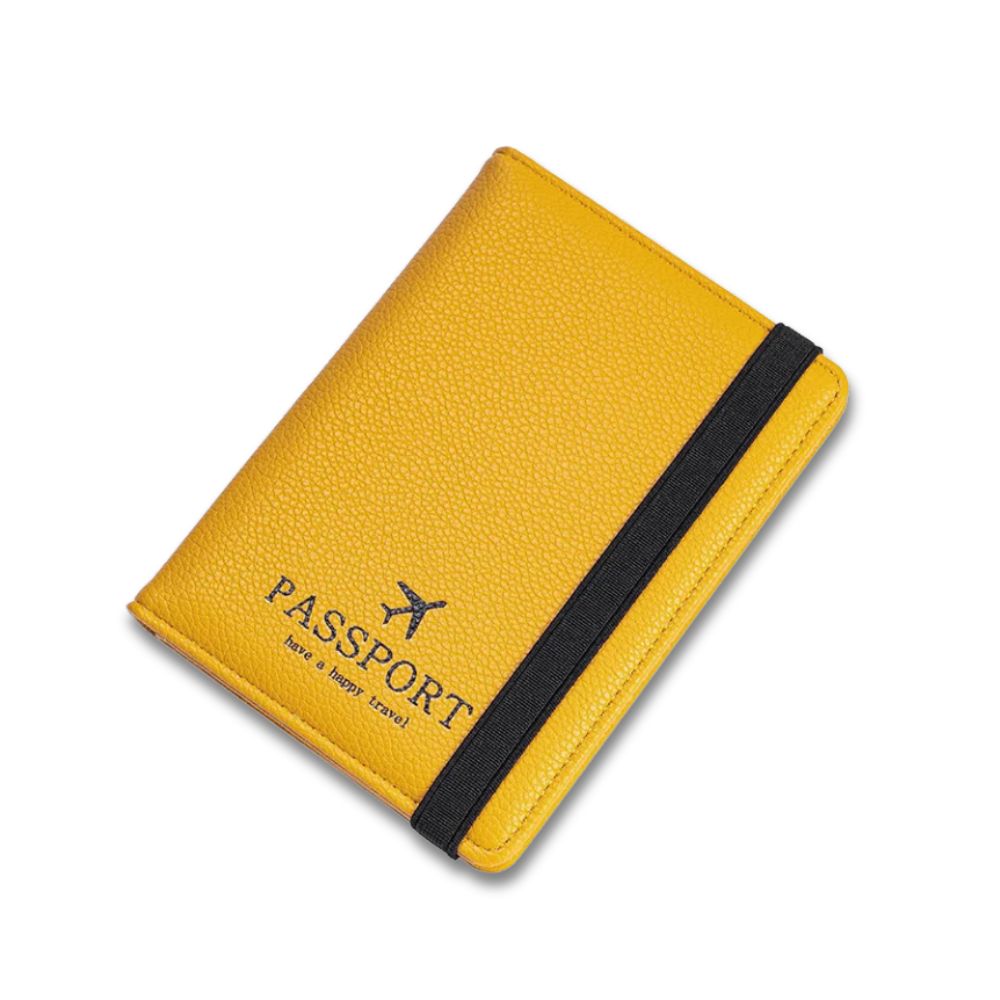 Custodia passaporto gialla in pelle con elastico nero, design elegante, ideale per viaggiatori. Accessorio viaggio pratico e resistente.