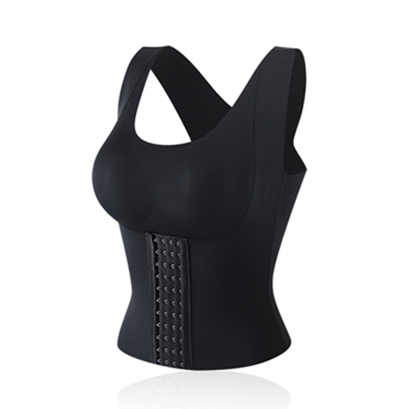 Corsetto modellante nero da donna, senza maniche, con chiusura a ganci frontale. Indumento snellente per il fitness e il supporto posturale.
