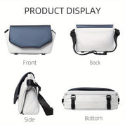Borsa a tracolla unisex bianca e blu, vista frontale, posteriore, laterale e inferiore. Design moderno, tracolla regolabile, ideale per uso quotidiano.