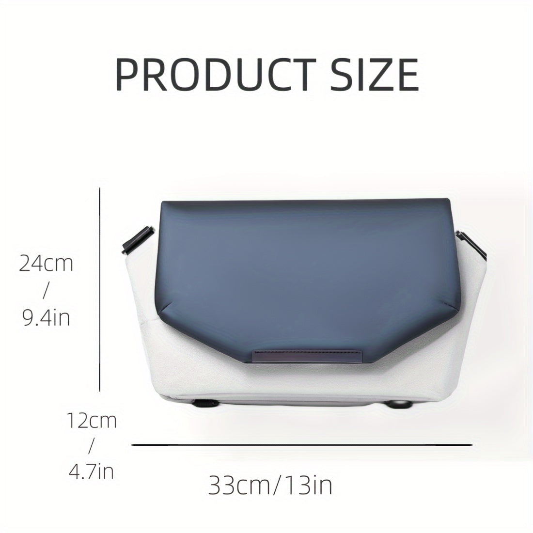 Borsa a tracolla blu e bianca, dimensioni 33x24x12 cm, design moderno, ideale per laptop e accessori, perfetta per lavoro e viaggio.