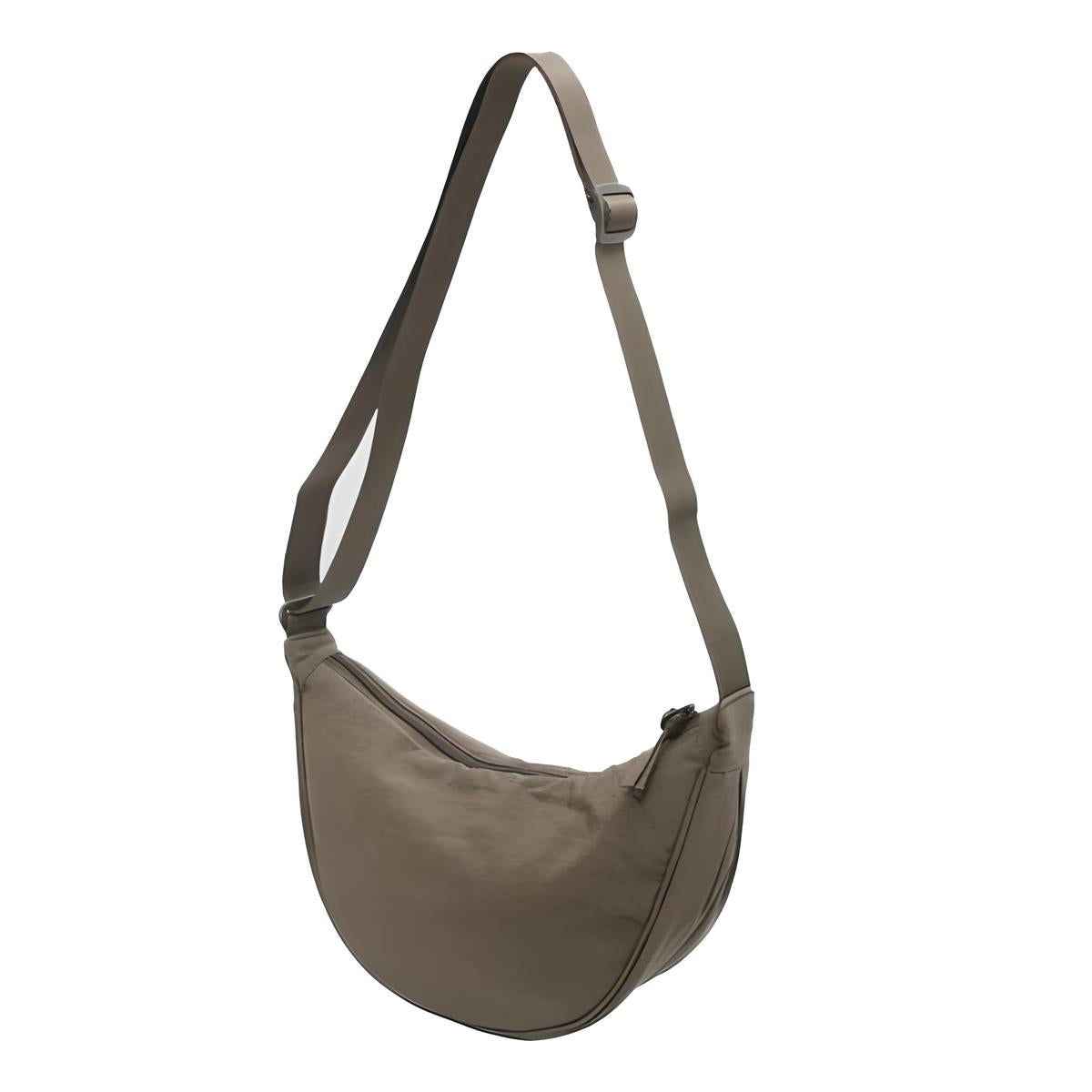 Borsa a tracolla unisex in tessuto beige, design moderno e minimalista, con cerniera e cinturino regolabile. Accessorio moda versatile e pratico.