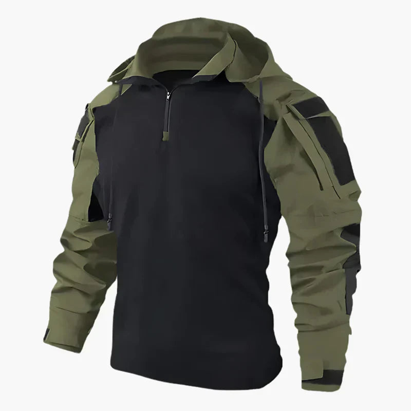 Giacca tattica uomo, verde e nera, con cappuccio e zip, design militare, maniche regolabili, ideale per outdoor e attività sportive.