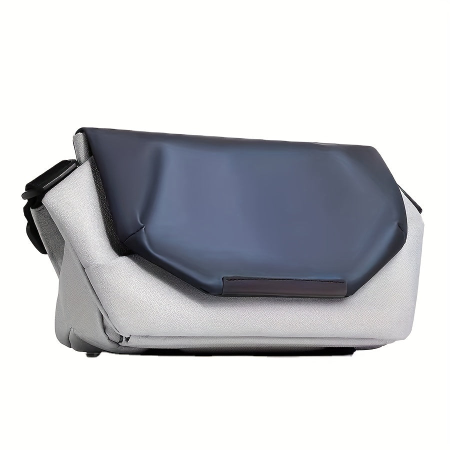 Borsa a tracolla moderna in tessuto grigio e blu, design elegante e funzionale, ideale per uomo e donna, perfetta per lavoro e viaggio.