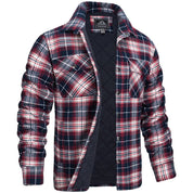 Camicia a quadri imbottita da uomo, blu e rossa, con tasche frontali, ideale per l'inverno. Stile casual, calda e confortevole.