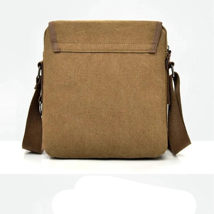 Borsa a tracolla in tela marrone, design minimalista, chiusura superiore, ideale per uomo e donna, perfetta per uso quotidiano e viaggi.