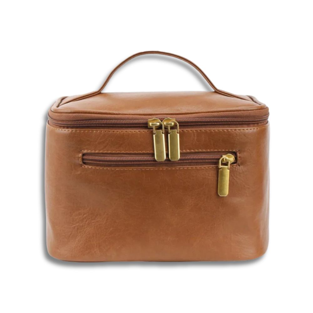 Borsa da toilette in pelle marrone con cerniera dorata, manico superiore. Elegante e pratica, ideale per viaggi e organizzazione accessori.