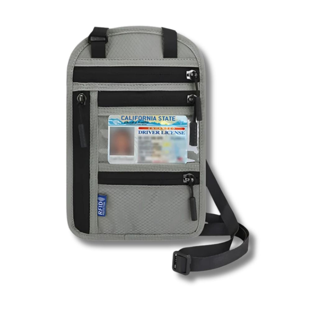 Custodia da viaggio grigia con tasche multiple, finestra trasparente per documenti, cinghia regolabile. Ideale per passaporto, carte e contanti.