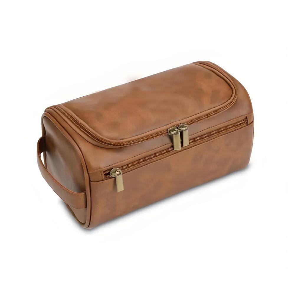Borsello da viaggio in pelle marrone con doppia cerniera, design elegante e manico laterale. Ideale per organizzare accessori da toilette.