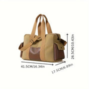 Borsa a tracolla beige e marrone, dimensioni 41,5x17,5x26,5 cm, con manici e tasche laterali. Design elegante e pratico per viaggi e uso quotidiano.