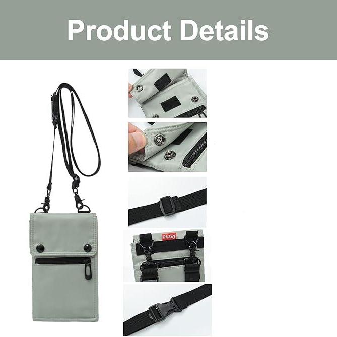 Borsa a tracolla grigia con tasca frontale con zip, chiusura a bottone, cinturino regolabile e dettagli in metallo nero. Accessorio moda unisex.