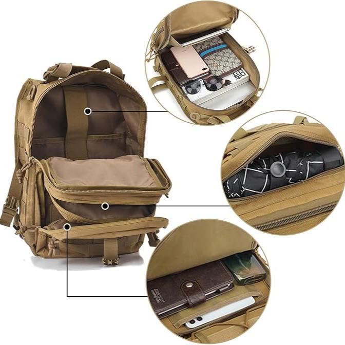 Zaino tattico militare marrone con scomparti multipli, tasche per accessori, spazio per laptop, ideale per escursioni, campeggio e viaggi.