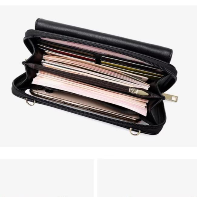 Portafoglio nero in pelle aperto, con scomparti multipli per carte, contanti e smartphone. Design elegante e funzionale, ideale per organizzazione.