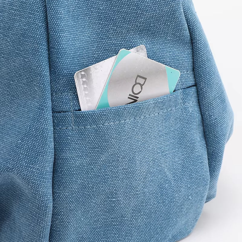 Zaino in tessuto blu con tasca contenente carte di credito. Accessorio moda pratico per viaggi e scuola. Design moderno e funzionale.