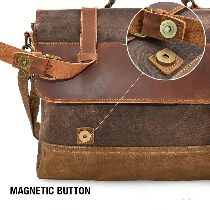 Borsa a tracolla in pelle marrone con chiusura a bottone magnetico, design vintage, dettagli in cuoio, ideale per lavoro e viaggio.