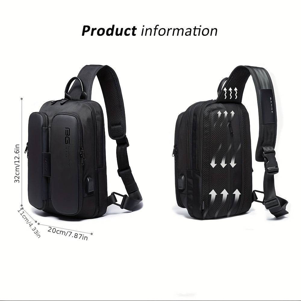 Zaino monospalla nero impermeabile, design moderno, dimensioni 32x20x11 cm, ideale per laptop, viaggio, lavoro, con tasche multiple e cinghia regolabile.