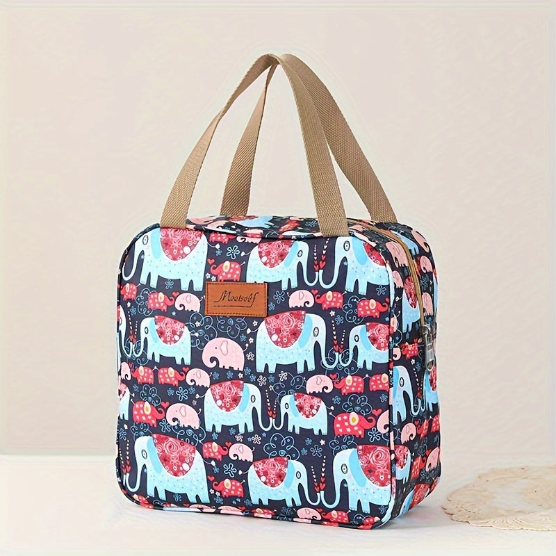 Borsa termica con motivo elefanti colorati, manici beige, ideale per picnic e pranzo al sacco. Design vivace e funzionale per ogni occasione.
