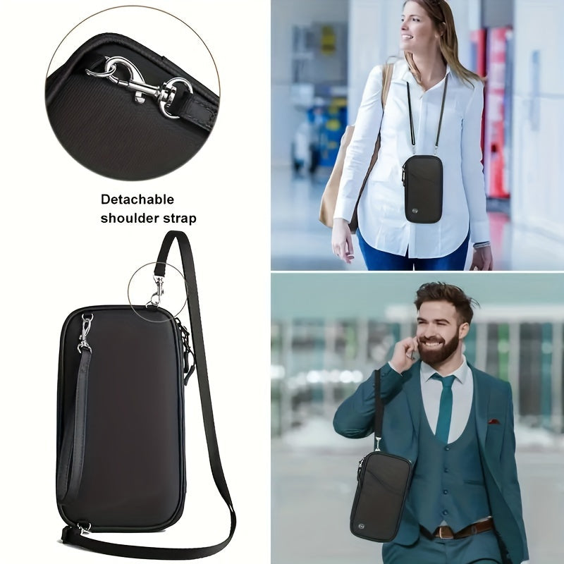 Custodia nera per cellulare con tracolla staccabile, indossata da uomo e donna. Design elegante, ideale per viaggi e lavoro. Accessorio moda pratico.