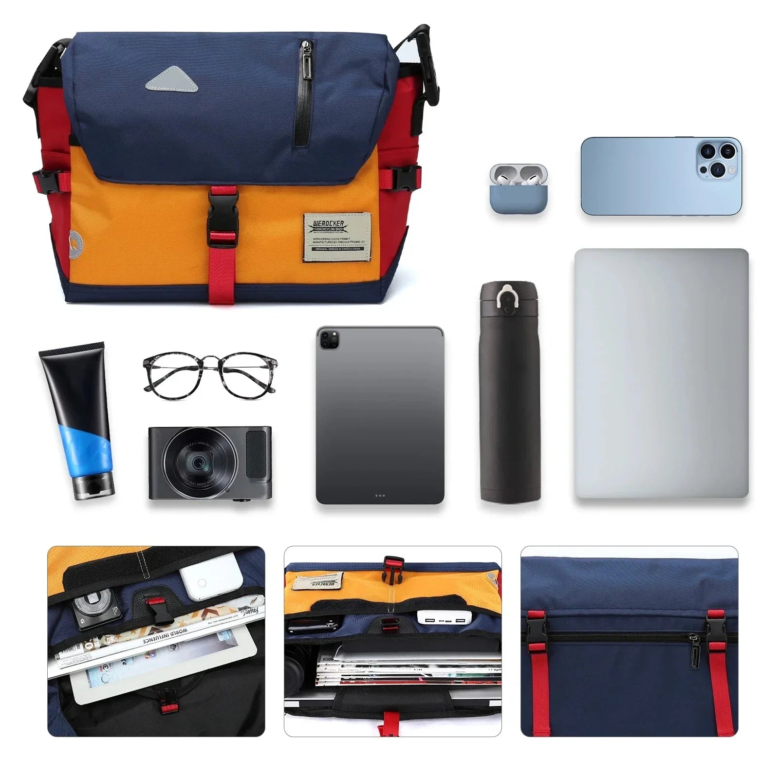 Borsa a tracolla multicolore con tasche multiple, accessori tecnologici e personali, ideale per lavoro e viaggio. Design moderno e funzionale.