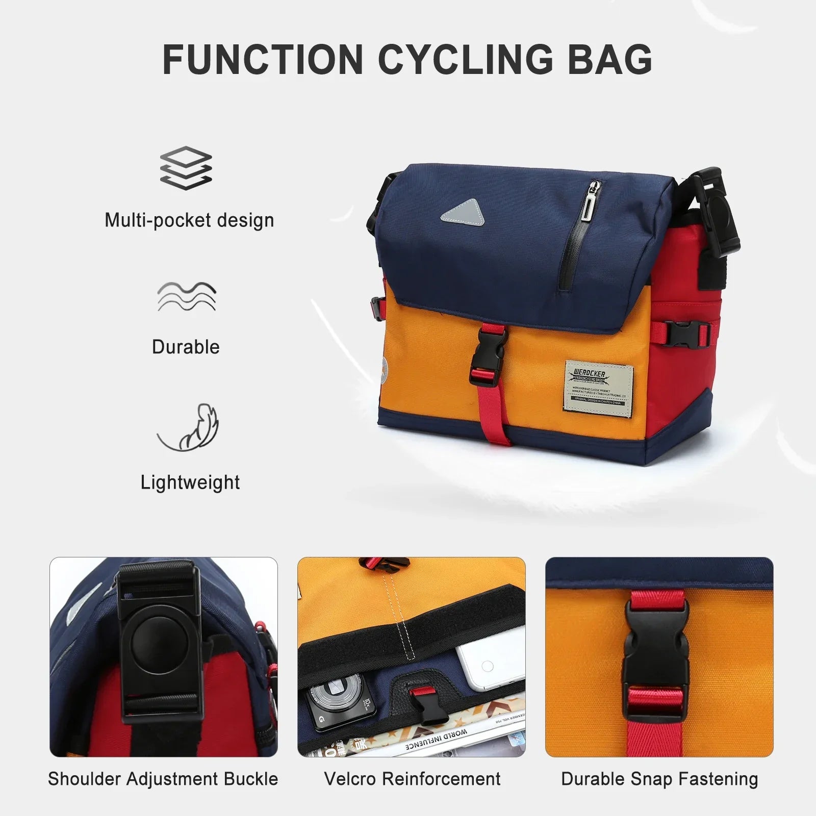 Borsa da ciclismo multitasche, leggera e resistente, con chiusura a scatto, rinforzo in velcro e fibbia regolabile. Design funzionale e pratico.