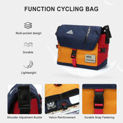 Borsa da ciclismo multitasche, leggera e resistente, con chiusura a scatto, rinforzo in velcro e fibbia regolabile. Design funzionale e pratico.