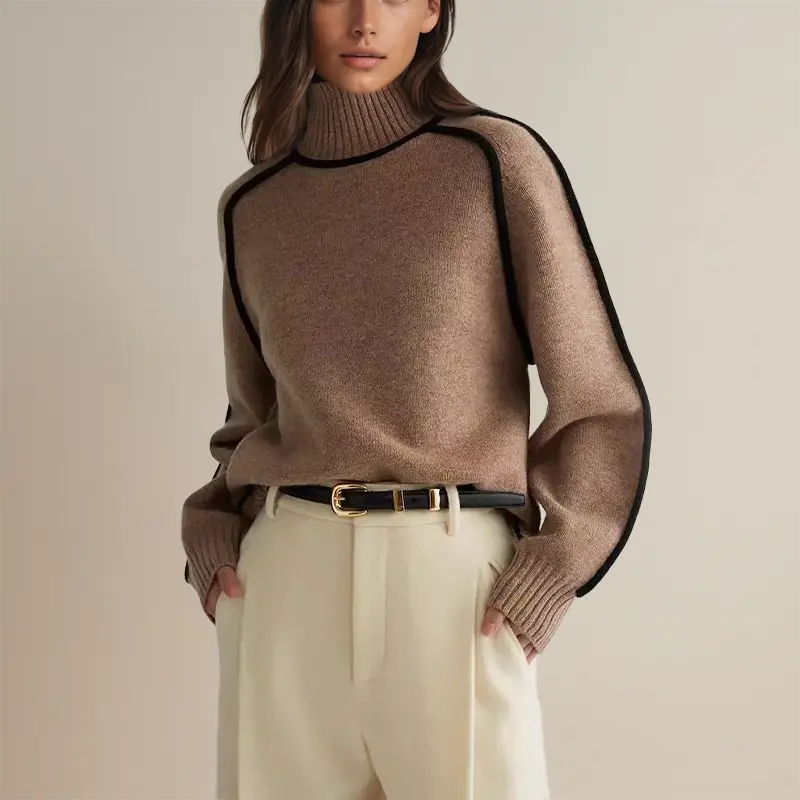 Maglione marrone a collo alto con dettagli neri, abbinato a pantaloni beige e cintura nera. Moda autunnale elegante per donna.