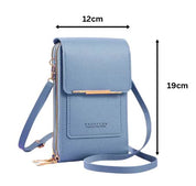 Borsa a tracolla blu in pelle sintetica, dimensioni 12x19 cm, con chiusura a zip e tasca frontale. Accessorio moda donna elegante e pratico.