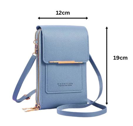 Borsa a tracolla blu in pelle sintetica, dimensioni 12x19 cm, con chiusura a zip e tasca frontale. Accessorio moda donna elegante e pratico.