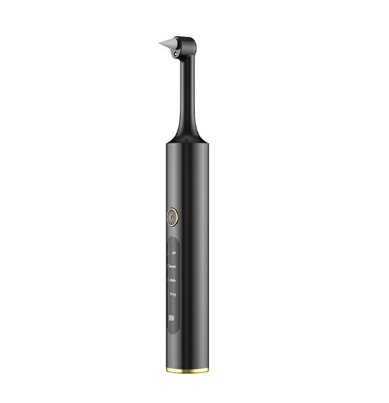 Spazzolino elettrico nero con testina angolata, design moderno, pulsanti di controllo, ideale per igiene orale avanzata e pulizia dentale efficace.