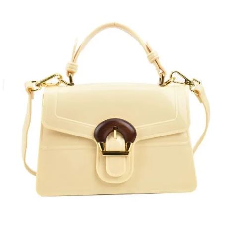 Borsa a mano elegante in pelle beige con chiusura dorata e dettagli marroni, design moderno, ideale per moda femminile e accessori di lusso.