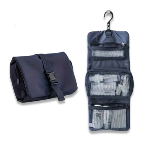 Hanging travel toiletry bag with multiple compartments, zipper pockets, and a hook for easy organization. Ideal for travel essentials storage.