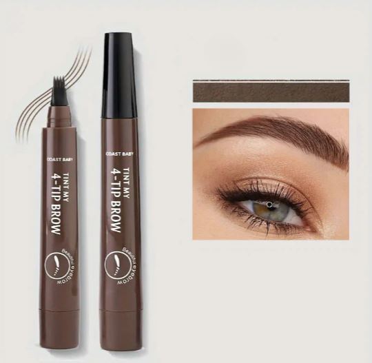 Penna sopracciglia 4 punte, marrone, con effetto naturale. Include immagine dimostrativa di sopracciglia definite. Trucco sopracciglia, cosmetici.