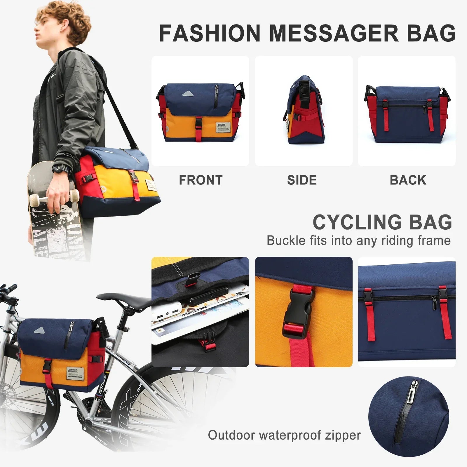 Borsa a tracolla da ciclismo impermeabile, multicolore, con cerniera esterna, adatta per telaio bici. Vista frontale, laterale e posteriore.