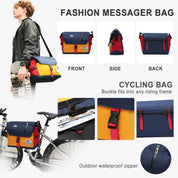 Borsa a tracolla da ciclismo impermeabile, multicolore, con cerniera esterna, adatta per telaio bici. Vista frontale, laterale e posteriore.