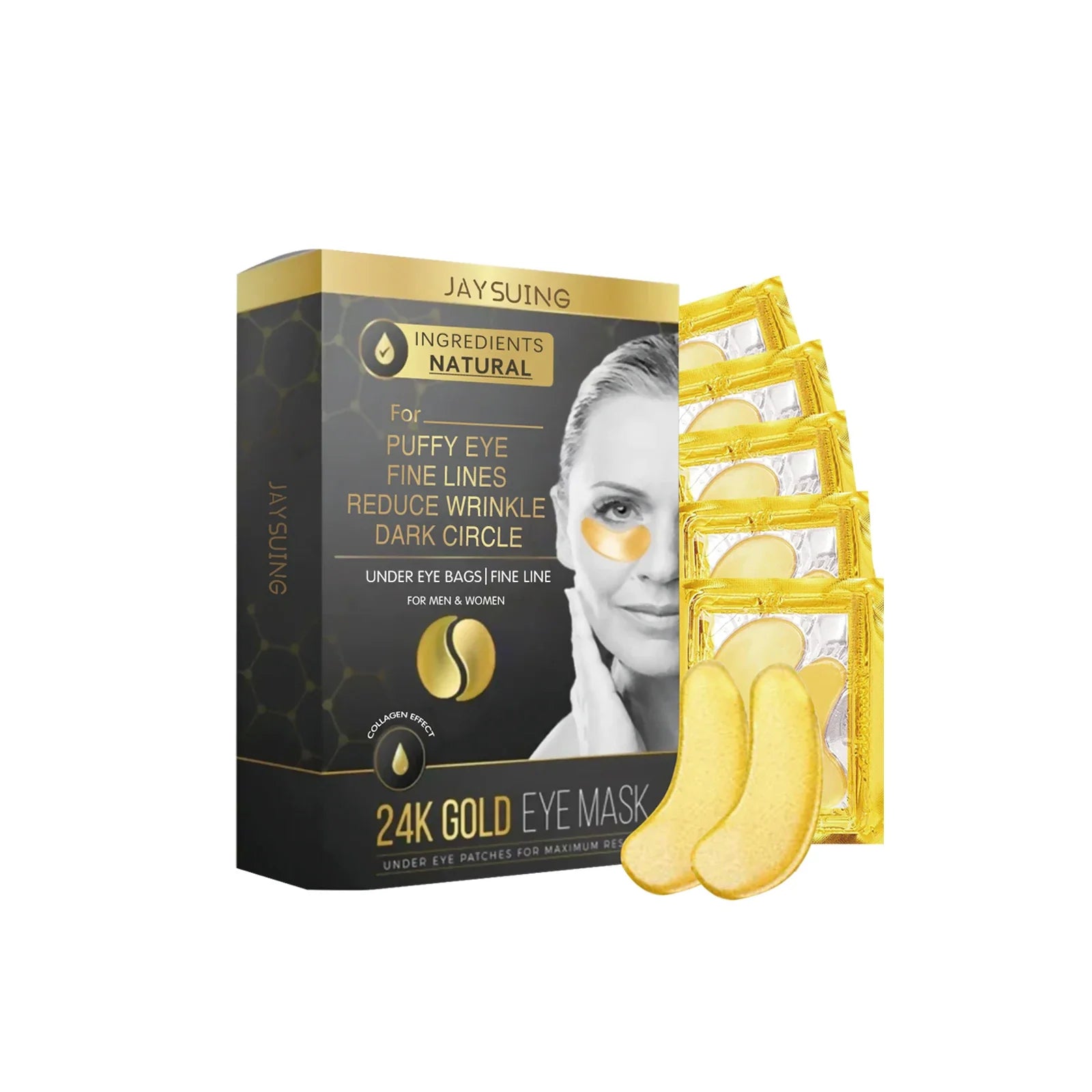 Confezione di maschere occhi 24K oro Jay Suing, riduce occhiaie, rughe e gonfiori. Include 5 paia, ingredienti naturali, per uomo e donna.